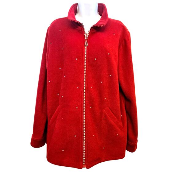 Quacker Factory Red Fleece Jacket Size M Rhinestone Blingy Grandmacore Mature - Picture 1 of 12